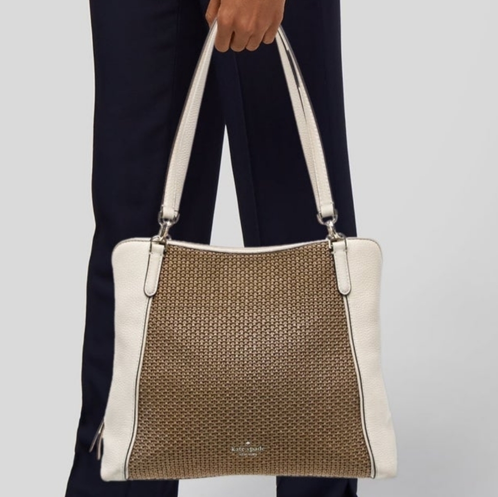 Kate Spade Woven Straw Leather Shoulder Tote Cream Brown
